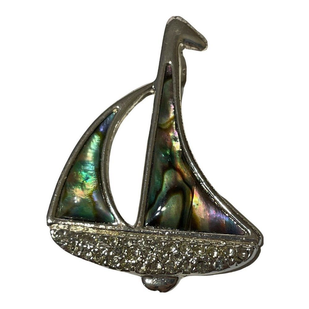 silver tone abalone mother of pearl sail boat pin brooch Beach Water Salt Life